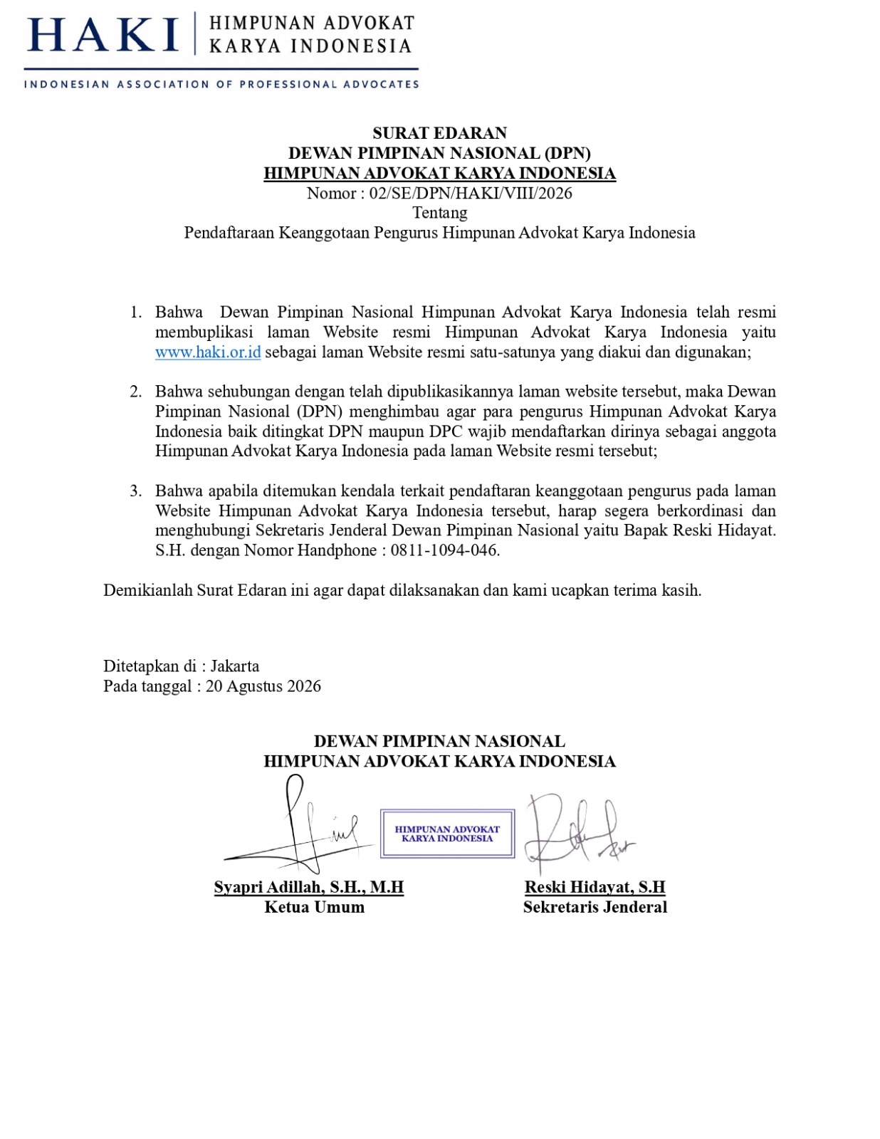 PEMBERITAHUAN DATA ULANG ADVOKAT